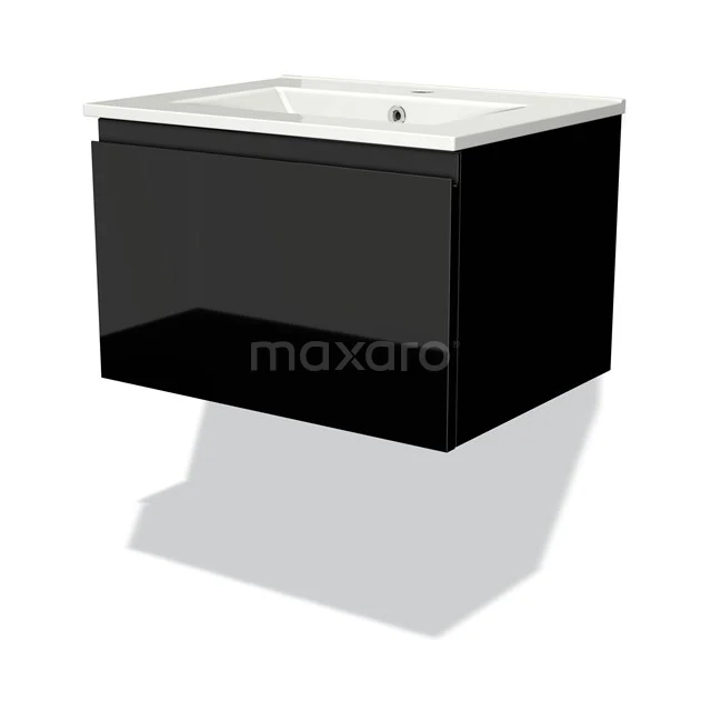 Black hanging bathroom cabinet with high-gloss front, white ceramic basin and minimalist design.