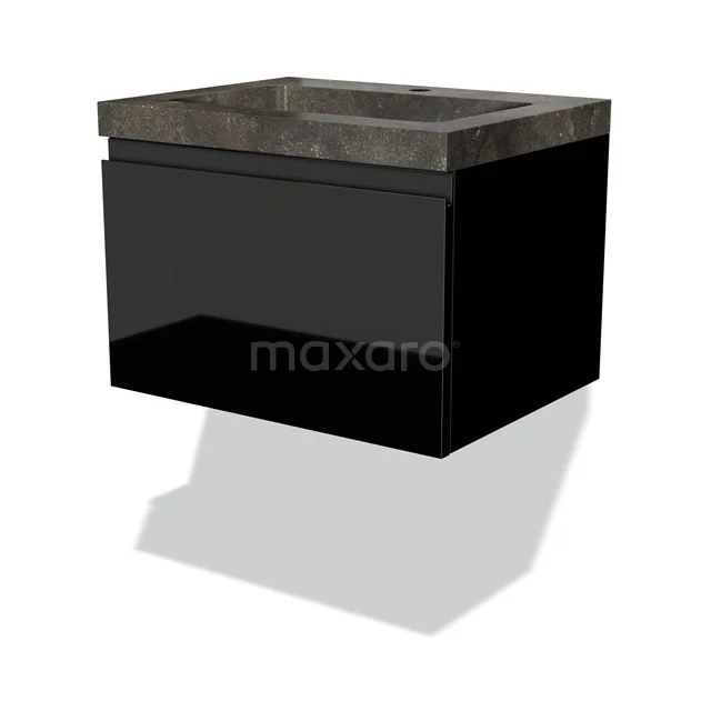 Badmöbel 60cm Modulo Hochglanz Schwarz 1 Schublade griffloses Waschbecken Naturstein Blau BMW11-01274 Schwarzer Holz-Badschrank mit einer Schublade, schlichtes Design und grauer Naturstein Waschtischplatte.