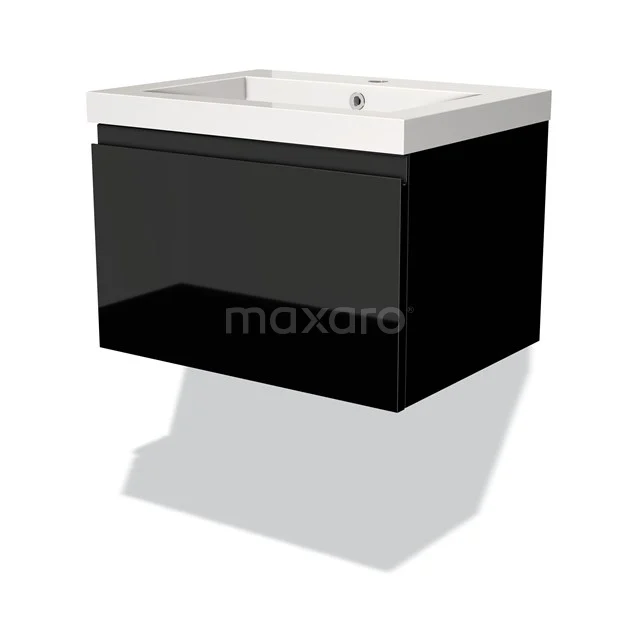 Black glossy bathroom cabinet with white sink, sleek design, wall-mounted, ideal for a modern bathroom style.
