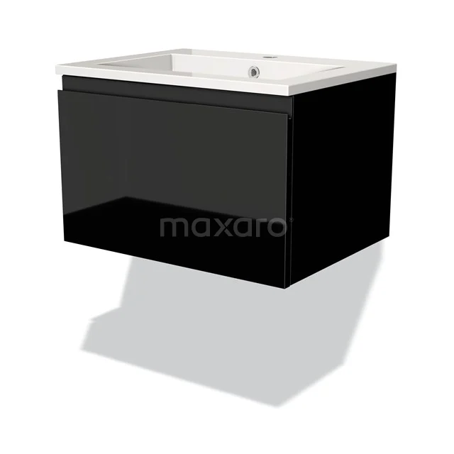 Black floating bathroom cabinet with white sink, glossy finish and modern design. Perfect for a stylish bathroom.