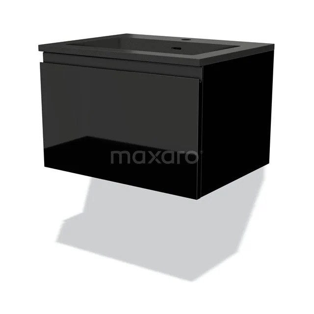 Modulo Bathroom furniture with sink | 60 cm High-gloss black Handle-less front Quartz 1 drawer BMW11-01279 Black hanging bathroom cabinet with glossy finish and integrated basin, modern design for stylish bathroom fittings.