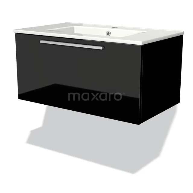 Black floating bathroom cabinet with high-gloss finish and integrated white basin, ideal for modern bathrooms.