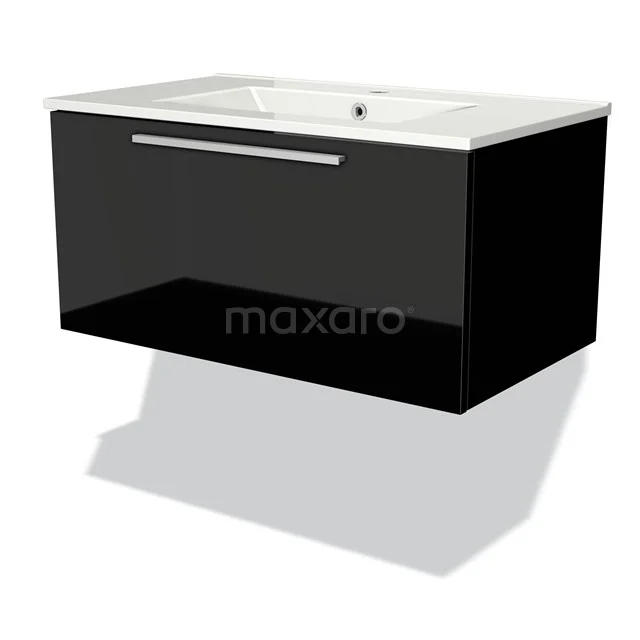 Modulo Vanity units with basin | 80 cm High-gloss black Flat front Ceramic 1 drawer BMW11-01282