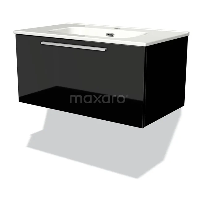 Modulo Vanity units with basin | 80 cm High-gloss black Flat front Ceramic 1 drawer BMW11-01283