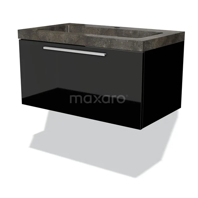 Zwevende schwarze Badmöbel mit Betonlook Waschbecken, Chrom Haltegriff und schicker moderner Verarbeitung.