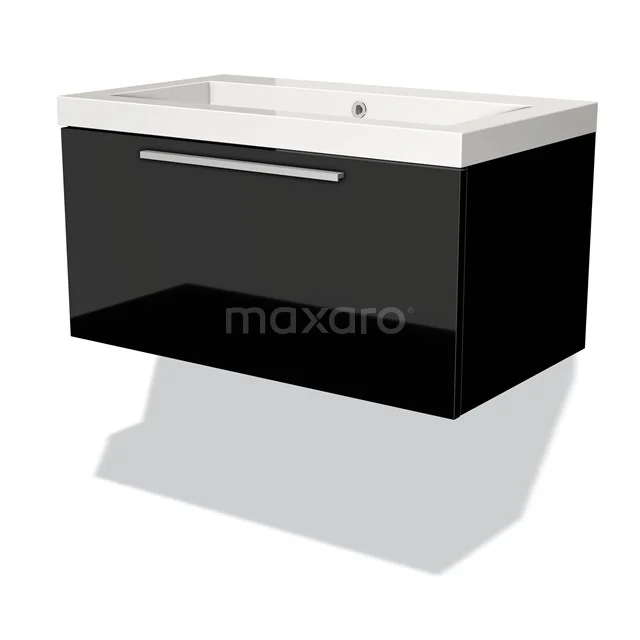 Black floating bathroom cabinet with high-gloss finish, integrated basin and modern design.