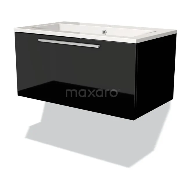 Badmöbel 80cm Modulo Hochglanz Schwarz 1 Schublade Flaches Waschbecken Mineralguss BMW11-01289 Schwarzes, glänzendes Badmöbel mit integriertem Waschbecken und chromfarbener Haltegriff, modernes Design für Wandmontage.