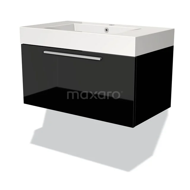 Black floating bathroom cabinet with white basin, sleek modern look, one drawer with chrome handle, ideal for bathroom storage.