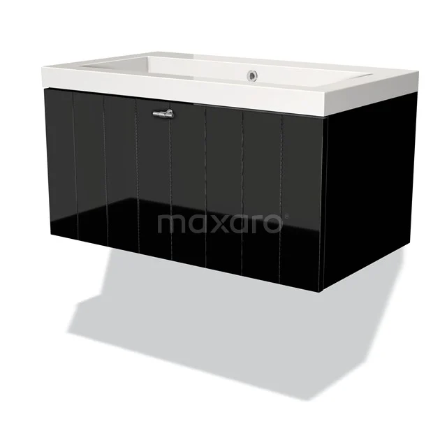 Modulo Vanity units with basin | 80 cm High-gloss black Slat front Mineral marble 1 drawer BMW11-01299 Black floating wooden bathroom unit with chrome handle and white vanity units with basin, modern design.