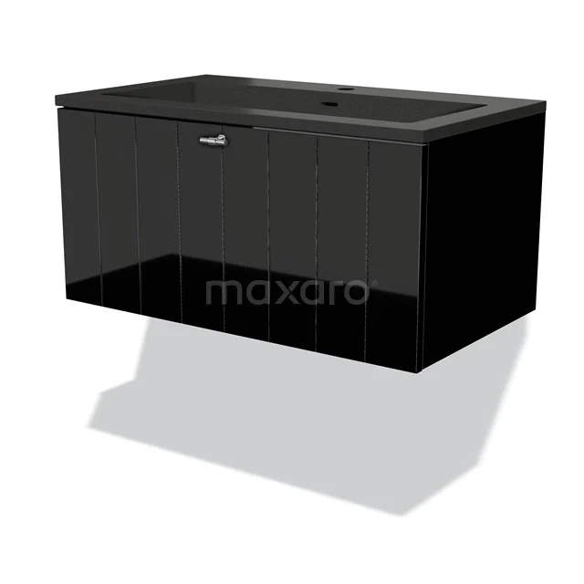 Schwarz schwebendes Badezimmermöbel mit Schublade, Hochglanz-Oberfläche, modernes Design aus nachhaltigen Materialien für ein stilvolles Badezimmer.