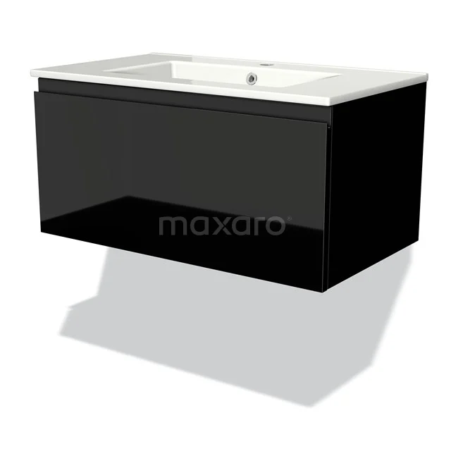 Schwarze schwebende Badmöbelset mit glänzender Oberfläche und weißem Waschbecken, ideal für moderne Bäder.