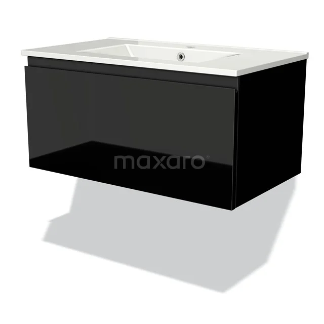 Modulo Vanity units with basin | 80 cm High-gloss black Handle-less front Ceramic 1 drawer BMW11-01306