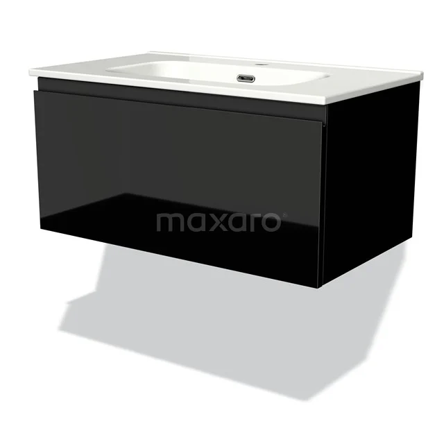 Schwarz glänzendes schwebendes Badmöbel mit keramischem Waschbecken, modernes Design für einen eleganten Badezimmerstil.