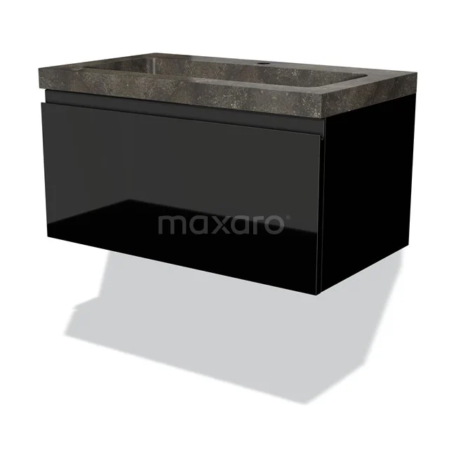 Schwarzer Badschrank mit dunklem Marmorwaschbecken, hängendes Design, modern und elegant für eine stilvolle Badezimmergestaltung.