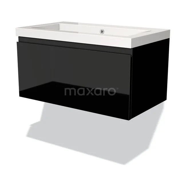Black wall-mounted bathroom unit with glossy finish and white ceramic basin, ideal for a modern bathroom.