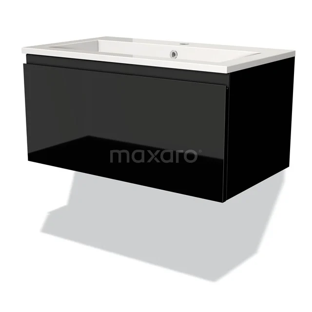 Schwarzer wandmontierter Badschrank mit glänzender Oberfläche und weißem keramischen Waschbecken, modernes und platzsparendes Design.