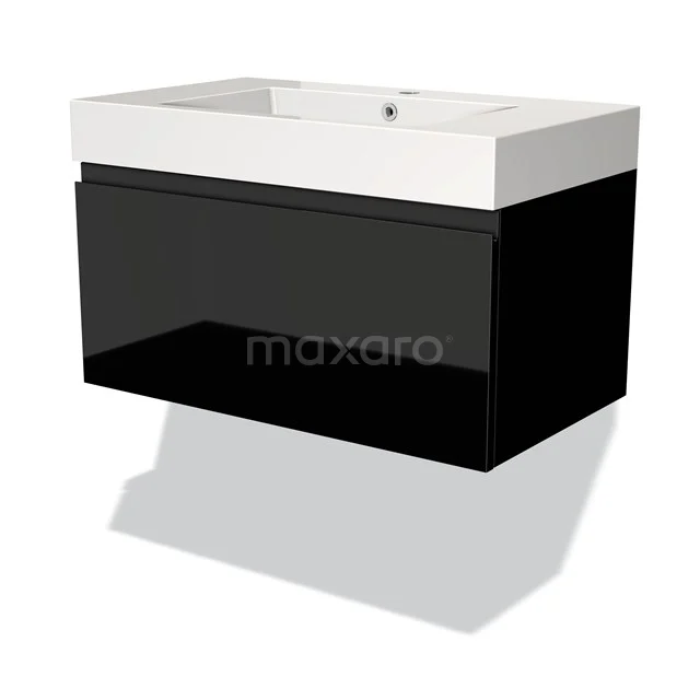 Schwarz Acryl Badmöbel mit weißem keramischen Waschbecken, minimalistisches Design, perfekt für moderne Bäder.