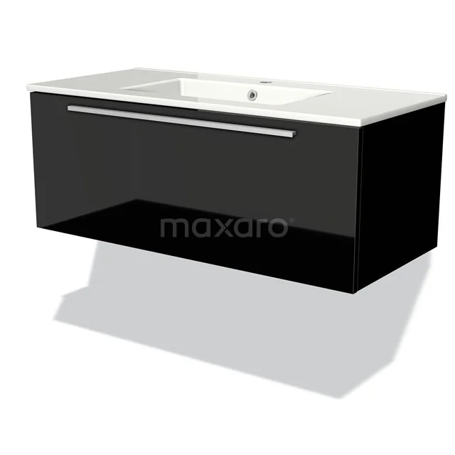 Schwarz schwebendes Badmöbel mit glänzender Oberfläche und einem weißen Waschbecken, ideal für moderne Badezimmergestaltung.