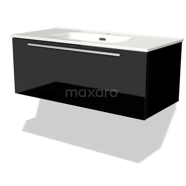 Black floating bathroom unit with glossy finish, integrated vanity units with basin and modern design style.