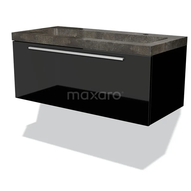 Badmöbel 100cm Modulo Hochglanz Schwarz 1 Schublade Flaches Waschbecken Naturstein Blaustein BMW11-01321 Schwarzes hängendes Badmöbel mit Betonlook Waschbecken, schlankes Design mit Schublade und schickem Edelstahlgriff für moderne Bäder.