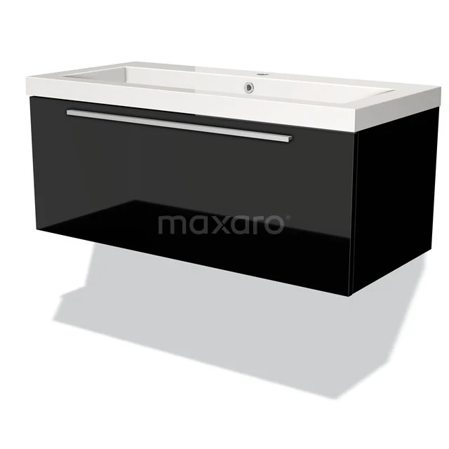 Black glossy bathroom unit with white ceramic sink, modern design, ideal for stylish bathrooms.