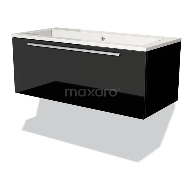 Black bathroom cabinet with glossy finish, metal handle and built-in basin, ideal for a modern bathroom.