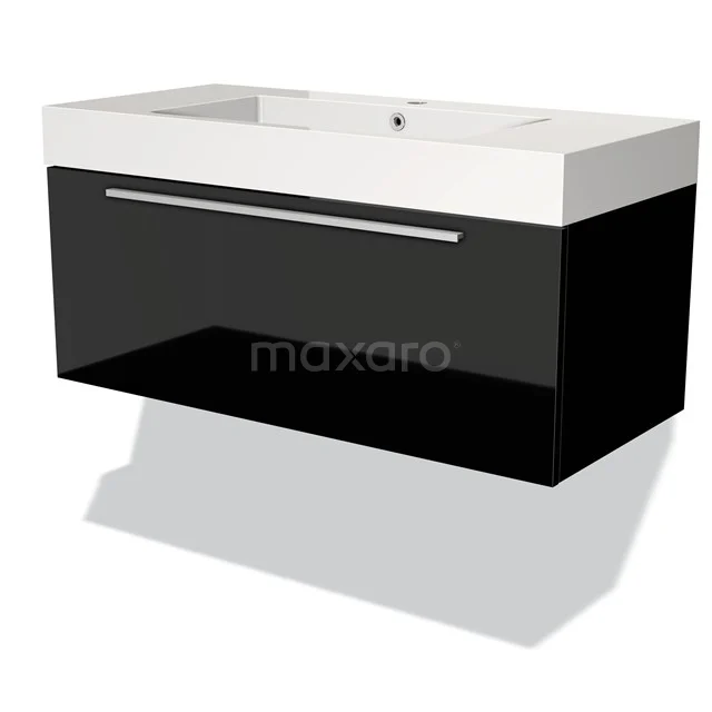 Schwarzes schwebendes Badmöbelset mit glänzender Oberfläche, weißem Waschbecken und chromfarbener Griff, modernes und stilvolles Design.