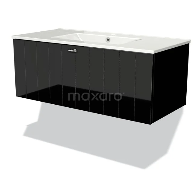 Black hanging bathroom furniture set with glossy finish and white basin, ideal for a modern bathroom style.