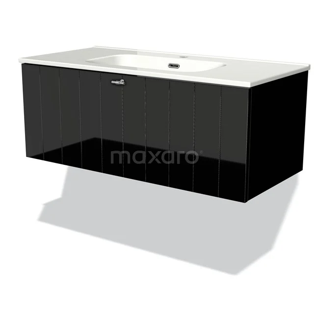 Schwarzes Badmöbel mit glänzender Oberfläche und integriertem weißen Waschbecken, ideal für einen modernen Badezimmerstil.