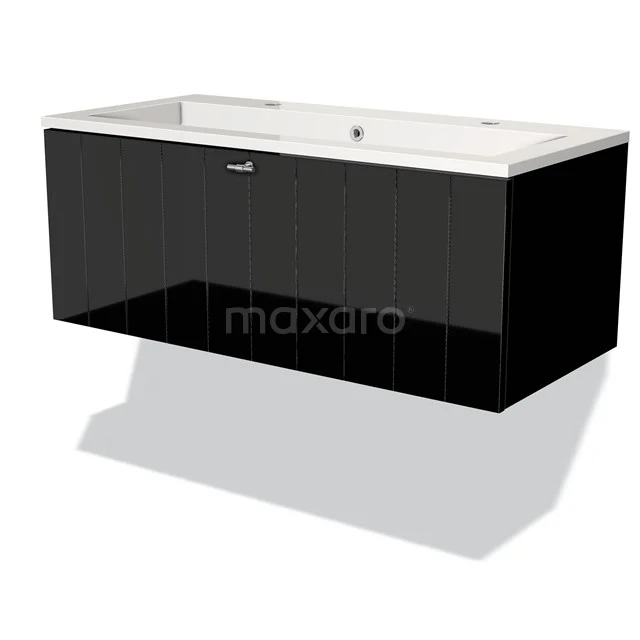 Modulo Bathroom furniture with sink | 100 cm High-gloss black Slat front Mineral marble 1 drawer BMW11-01343 Black glossy bathroom unit with chest of drawers, wide design and ceramic basin, perfect for modern bathrooms.