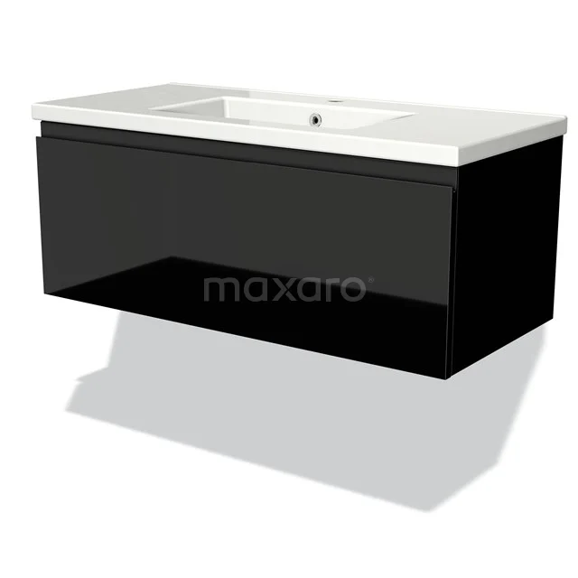 Black rectangular vanity unit with white ceramic basin; modern bathroom unit from the design series.