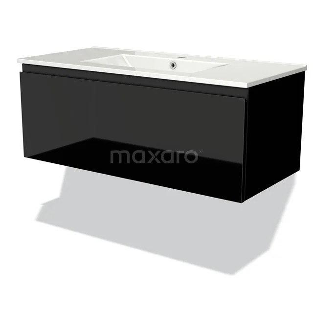 Modulo Vanity units with basin | 100 cm High-gloss black Handle-less front Ceramic 1 drawer BMW11-01348