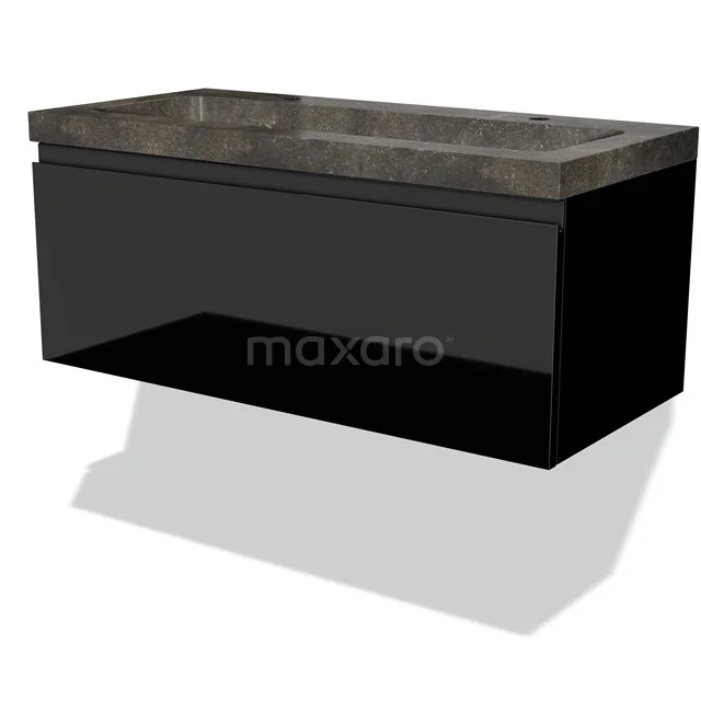 Black hanging bathroom furniture set with matte black fronts and an industrial bluestone basin worktop, modern and stylish design.