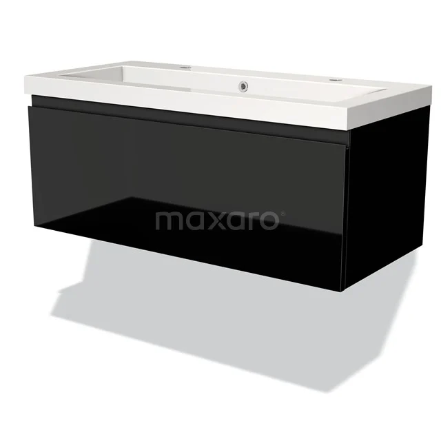 Black floating bathroom furniture set with white Basin, sleek design, ideal for modern bathroom design.
