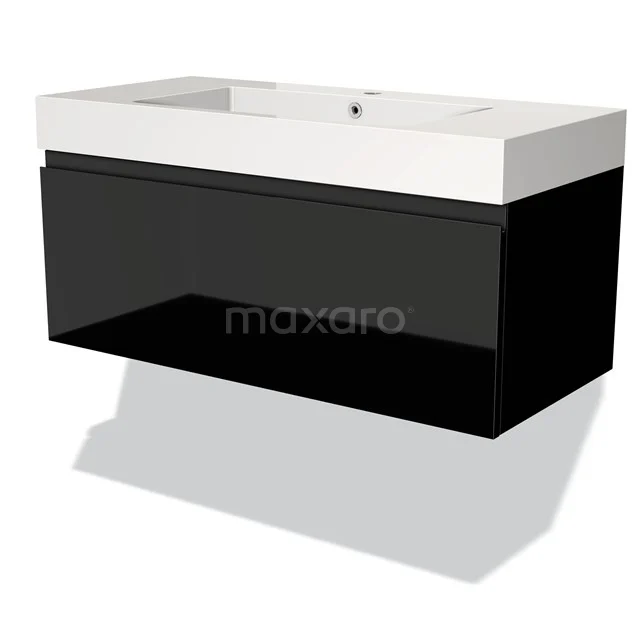 Schwarz-weiß schwebendes Badezimmermöbel mit integriertem Waschbecken, Hochglanz-Oberfläche und schnörkellosem modernem Design.