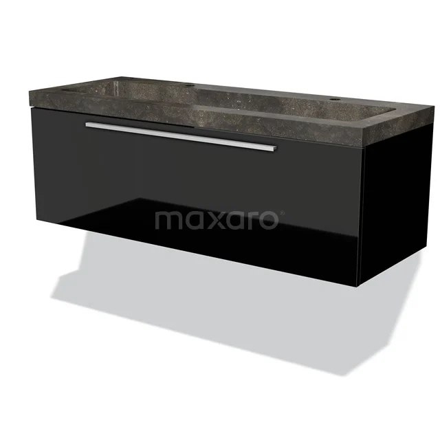 Schwarzes Badmöbel mit Natursteine Waschbecken, modernes Design, einzelne Schublade, ideal für stilvolle Badezimmergestaltung.