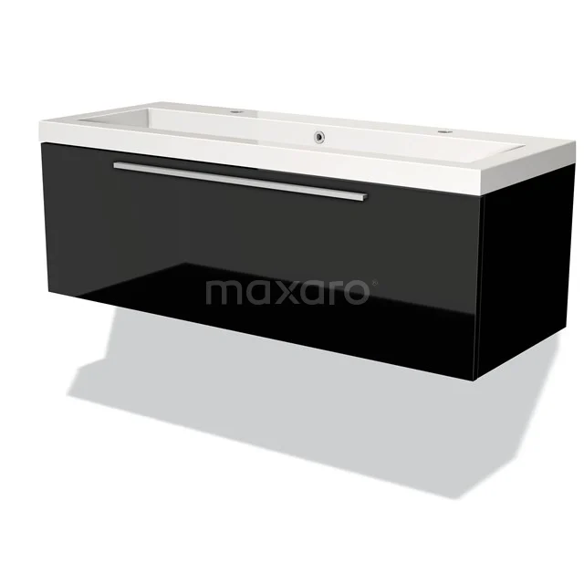 Schwarzes schwebendes Badmöbel mit Hochglanz-Oberfläche und breitem Waschbecken, ideal für einen modernen Badezimmerstil.