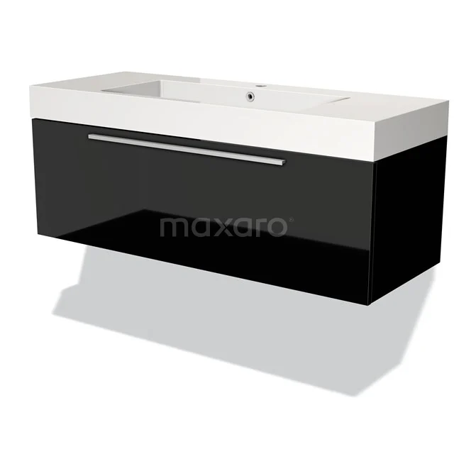 Black floating bathroom cabinet with glossy drawers, rectangular shape and white ceramic basin. Minimalist design.