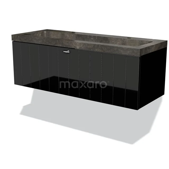 Modulo Waschtische | 120 cm Hochglanz Schwarz Lamelle front Naturstein 1 Schublade BMW11-01368 Schwarzes wandmontiertes Badezimmermöbel mit Doppelwaschbecken und marmorierter Platte aus einer modernen Designserie.