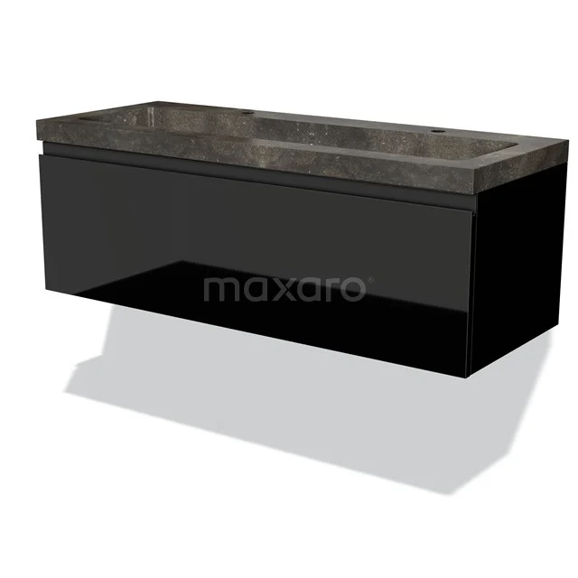 Black floating bathroom unit with modern marble basin, sleek design and spacious storage drawer.