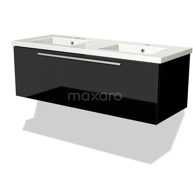 Schwarzes schwebendes Badezimmermöbel mit doppeltem weißen Waschbecken, moderner Verarbeitung und schlankem Design für ein stilvolles Badezimmer.