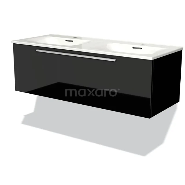 Black floating bathroom cabinet with double white basin, modern design and glossy surface for stylish bathroom interiors.