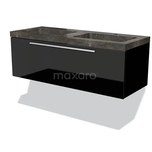 Black floating vanity unit with marble worktop, integrated basin and chrome handle, modern bathroom design.