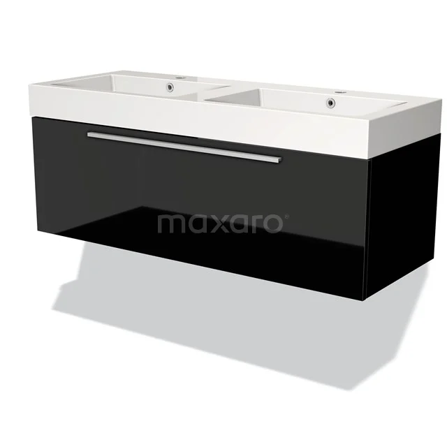 Modulo Vanity units with basin | 120 cm High-gloss black Flat front Mineral marble 1 drawer BMW11-01392 Black double vanity unit with high-gloss finish and chrome handle, perfect for a modern bathroom.