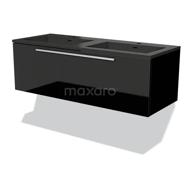 Black bathroom cabinet with double basin, glossy finish and sleek metal handle. Modern design for luxury bathrooms.