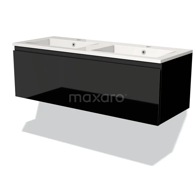 Black floating bathroom furniture set with double basin made of ceramic, sleek design and glossy finish.