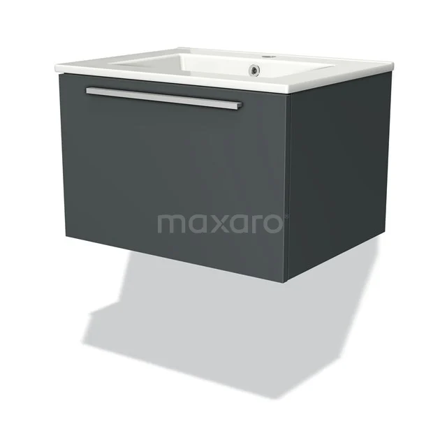 Modulo Waschtische | 60 cm Dunkelgrau Flach front Keramik 1 Schublade BMW11-01418 Dunkelgraue hängende Badmöbelset mit einem weißen keramischen Waschbecken, schlankem Design und metallischem Haltegriff, ideal für moderne Bäder.
