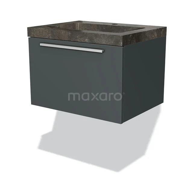 Grauer schwebender Badschrank mit Holzoptik Waschbecken, modernes Design und schlankem Metallgriff.