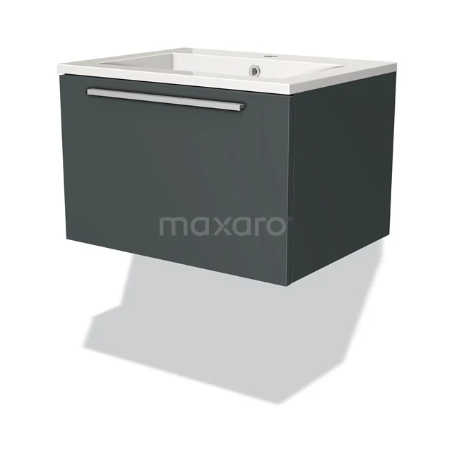 Dark grey hanging vanity units with basin, sleek image of modern design and chrome handle.