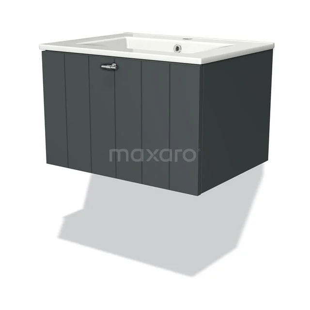 Dark grey vanity unit with white sink, modern design, ideal for stylish bathroom decor.